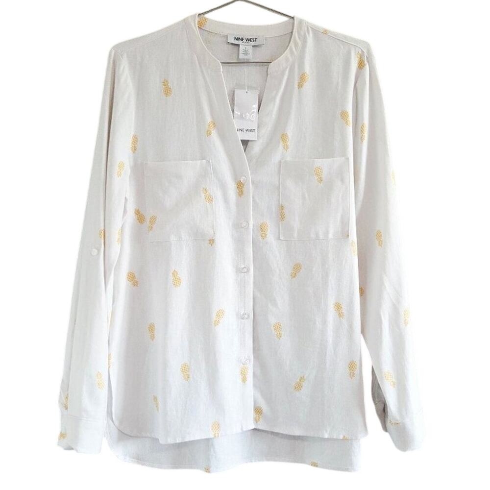 New Nine West Linen Button Down Long Sleeve Blouse Pineapple Print Small